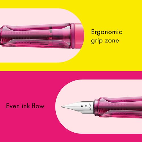 Image of Lamy Safari Neon Pink Fountain Pen with Polished Steel Nib in Line Width M | Lamy Fountain pen with ergonomic grip - robust ASA plastic - incl. LAMY T 10 blue ink cartridge - right-handed users