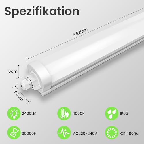 ALUSSO 2 Stück LED Feuchtraumleuchte 60CM, 20W 2400LM LED Röhre 4000K, IP65 Wasserfest Feuchtraumlampe Werkstatt Deckenleuchte für Garage,Keller,Werkstatt,Feuchtraum,Bad,Büro,Warenhaus
