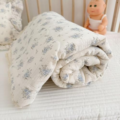 BuLuTu blue flower freesia toddler quilt 100% cotton muslin 47x59