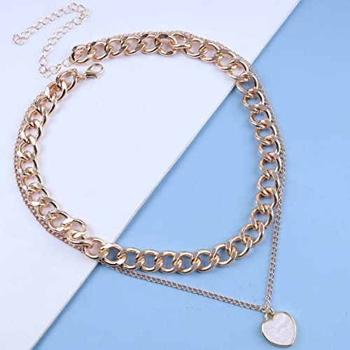 Atentuyi Punk Dicke Halskette Damen Layering Kette Gold Chunky Choker Cuban Link Chain Heart Necklace Herz Ketten Anhänger Mehrlagig Panzerkette Gliederkette Modeschmuck Statement Frauen Herren