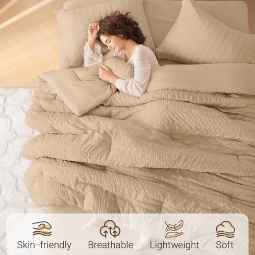 Image of MUXHOMO 7 Pieces King Comforter Set, Seersucker Bed in a Bag King Size, All Season Luxury Bedding Set with Comforter, Flat Sheet, Fitted Sheet, Pillowcases & Shams, Khaki