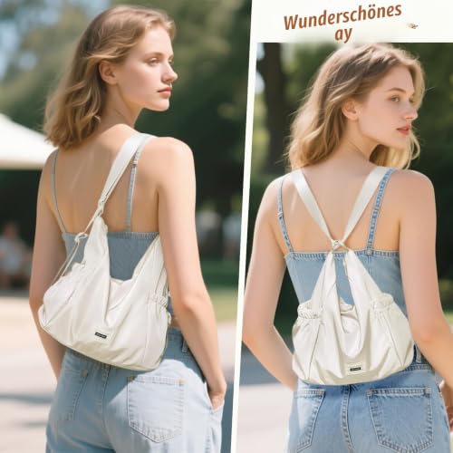 Mabecol 2-in-1 Shopper Tasche Damen, Handtasche, Henteltasche & Rucksack Mittelgroß, Wasserabweisende Umhängetasche aus Nylon, Wandelbare Tote Bag für Alltag, Uni & Reisen, Beige