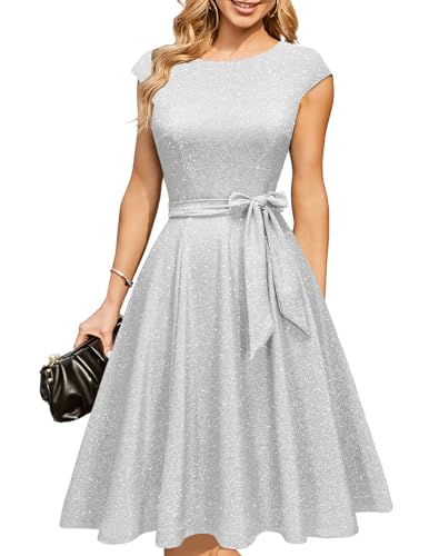 DRESSTELLS Cocktailkleider für Damen Hochzeitsgäste 2025 Sparkly Fit Flare Vintage Party Kleid, Pailletten Aline Modest Mother of Bride Midi Kleid...