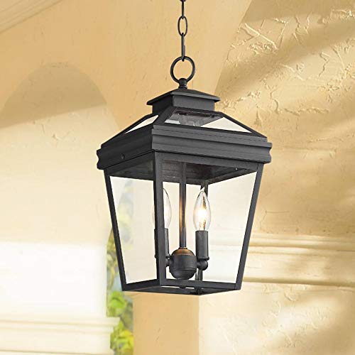 John Timberland Stratton Street Rustic Farmhouse Outdoor Hanging Ceiling Light Fixture Textured Black Lantern 2-Light 16 1/2' Clear Glass Exterior Barn Deck House Porch Yard Patio Outside Garage