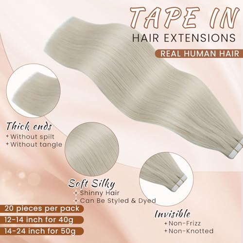 Hetto Tape in Hair Extensions Human Hair Platinum Blonde 20 Inch, Invisible Tape in Human Hair Extensions - Image 2