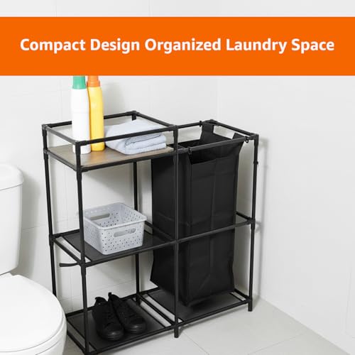 Image of Amazon Basics Multi-Function Laundry Shelf with 3-Tier Storage Organizer , Removable Polyester Bag, Iron Frame & MDF Shelf - 3-Tier Storage Organizer for Clothes, Towels & Supplies - Black (69L x 36W x 78H CM)