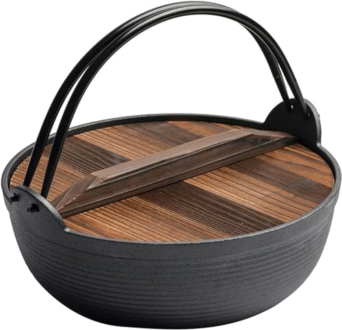 Olla caliente Sukiyaki de hierro fundido con tapa de madera y doble asa, perfecta para fideos, ramen, sopas y guisos, 29 cm