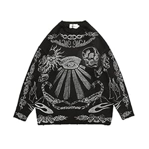 Heren trui Mannen Vrouwen Skull Graffiti Retro Vintage Gebreide Sweater Unisex Pullover Gebreide trui (Color : Black…
