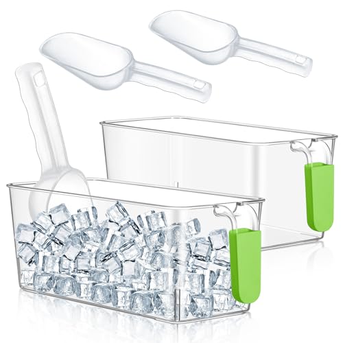 Image of Havawish Ice Storage Bin and Flexible Scoop Set Plastic Freezer Bin with Pull Out Handle Storage Bucket Clear for Container with Scoop(Green,10.83 x 4.92 x 4.33 in,Classic)