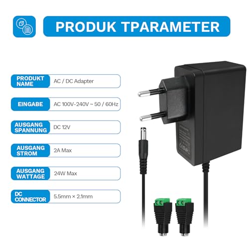 Gonew21 12V Netzteil 2A - AC Adapter Netzteil 12V, Transformator Universal, 2 Meter Kabel, Eingang 100-240V… – Ansicht 2