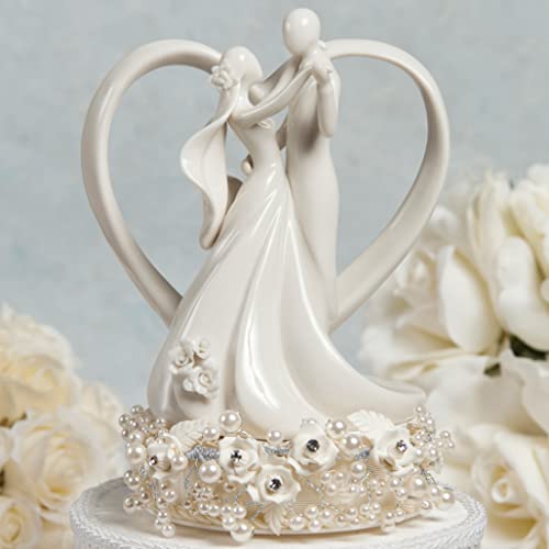 Wedding Collectibles Vintage Rose Pearl and Heart Wedding Cake Topper: Base Color: SILVER WIRING