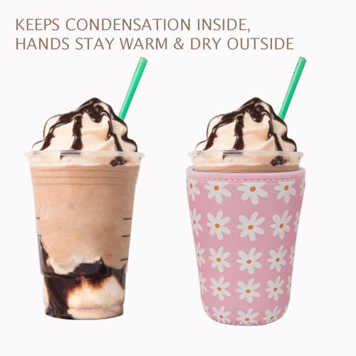 Image of Reusable Insulated Neoprene Iced Coffee Cup Sleeve, Durable Drink Sleeve for Cold Beverages, Beverage Holder for Iced Coffee (Pink Daisies)