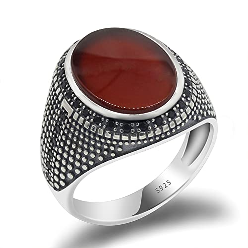 S925 sterling silver simple men's ring inlaid with red natural agate stone suitable for daily wear 7-13 sizes