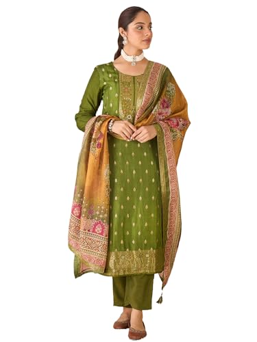 Image of INDO ERA Women's Straight Silk Blend Ethnic Motifs Printed Kurta & Pant With Dupatta Set (IESTR10385)