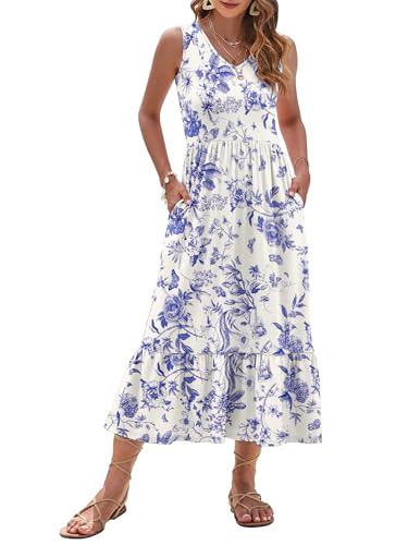 Image of AUSELILY Womens Summer Maxi Dress Casual Sleeveless V Neck Floral Dresses | A line shape with practical side pockets, Vacation dress for resort walks, Pair with low heels and simple jewelry