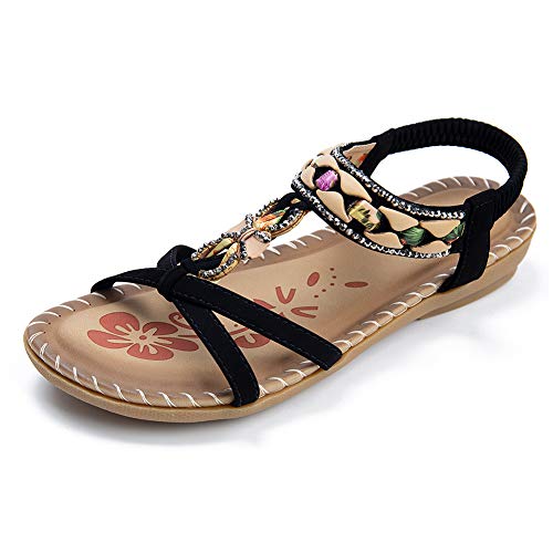 Flats Shoes women sandals Comfort with Elastic Ankle Strap Casual Gladiator Bohemian Beach Shoes Slip On Rhinestone sandals women flats Open Toe