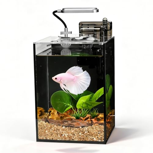 Fish Tank Kit 2.2 Gallon Small Aquarium Ultra-Clear Nano Aquarium Betta Fish Tank Small Fish Tank Aquarium Starter kit with Light Filter Pine Skin Stone Sand and Artificial Plants