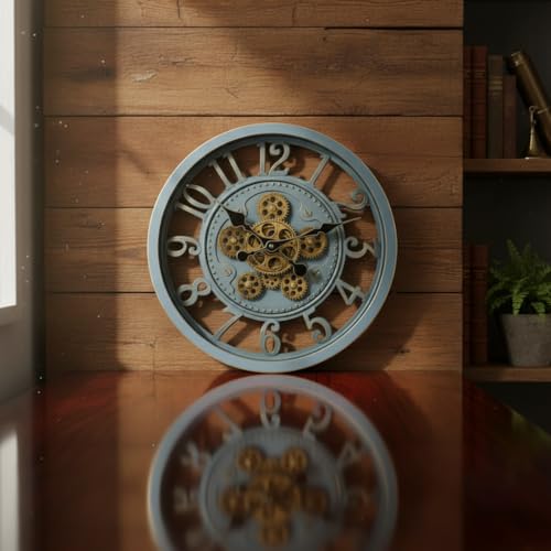 Image of STAR WORK Vintage Gear Wall Clock Industrial Rustic Farmhouse Classic Style Mechanical Charm Perfect for Living Room Bedroom Office or Entryway Decor (Grey -16 INCH)