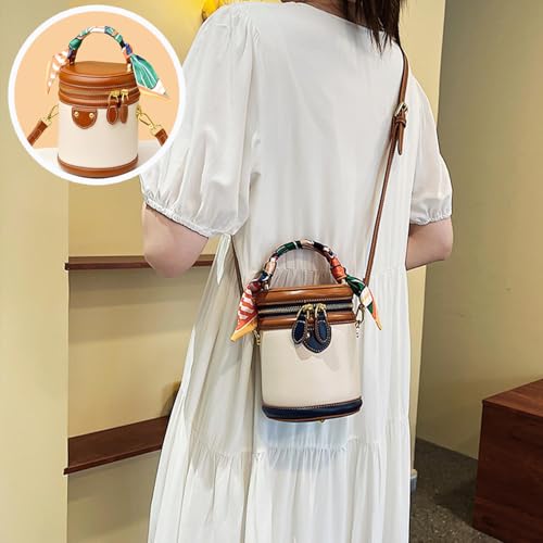 Colorblock Bucket Bag For Women,Colorblock Cylinder Fashion Leather Crossbody Bag For Travel, Vacation2