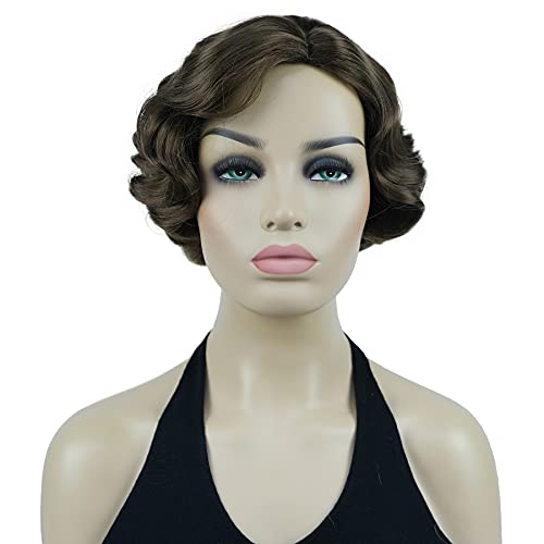 Lydell Vintage Cosplay Party Wig Short Finger Wavy Flapper Hairpiece +Wig Cap (Medium Golden Brown)