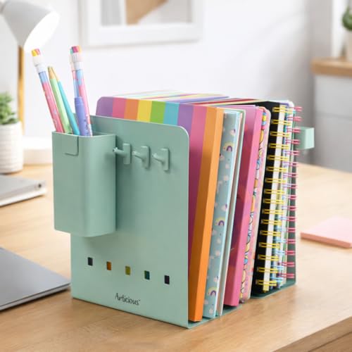 Image of Adjustable Bookend Organizer with Pen Holder | Expandable Desk Bookshelf for Office, Study, and Home | Book Rack Stand for Books, Files & Stationery (Extends Up to 17 Inches) - Green