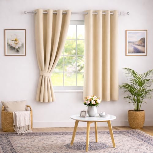 Image of Roseate 100% True Black Out Curtains (5 Feet /Set of 2) Solid Room Darkening Curtain & Thermal Insulated for Bedroom, Living Room (Beige / 116x152 cm)