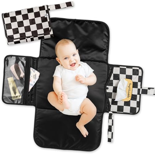 Image of Tiny Twinkle Portable Diaper Changing Pad | Waterproof, Wipeable & Compact Baby Changing Pad for Travel | Smart Wipes Pocket & Organized Storage| Newborn Shower Gift (Black Checkers)