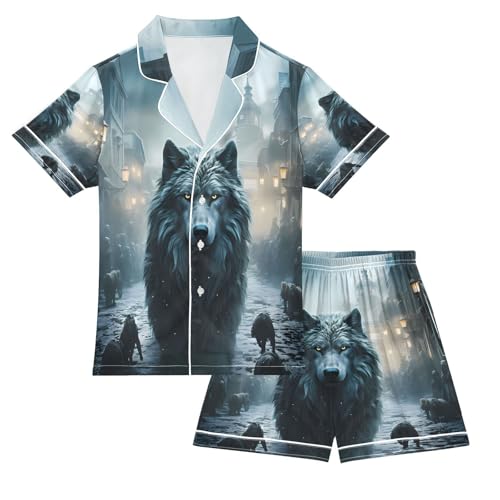 ALAZA Wolf Cityscape Satin Pajamas Set Short Sleeve Button Down Sleepwear Summer Pjs 2 Piece