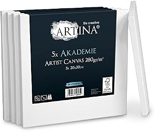 Artina FSC Canvas Set 5pcs Akademie 15x15 cm  100% Cotton Canvas Stretcher Frame 280 g/m² - Blank Canvases for Art for Acrylic, Watercolour & Oil Painting