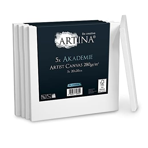 Artina Set de 5 Lienzos blancos Akademie con certificación FSC® - 20x20cm 100% algodón Lienzo y Bastidor Blancos - 280g/m² - no se deforma - prepintado con pintura blanca.