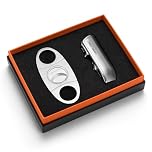 CIGARLOONG Cigar Cutter and Lighter Set Double Blade Simple Cigar Guillotine and 3 Jet Torch Blue Flames Refillable Lighter, Gift for Men (Silver)