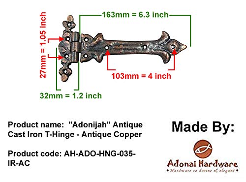 Image of Adonai Hardware Adonijah Antique Cast Iron Strap T Hinge (7.9 inch x 12 Pack, Copper Finish) for Barn Doors, Gates, Kitchen Cabinets, Sheds, Wooden Box, Furniture, Cedar Chest and Trunks