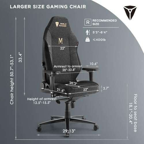 Noblerocker Gaming Chair Ergonomic PC Game Chair- Lumbar Support Headrest 4D Armrests Computer Chair, Big and Tall Comfortable, Fabric Grey, Regular