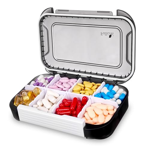 Fullicon Large Pill Organizer with 8 Compartments Moisture Proof Travel Pill Box with Removable Divider Daily Pill Container with Lables Pill Case for Vitamin Fish Oil Supplement (Black)