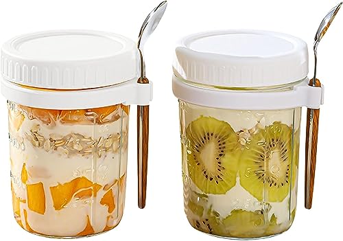 XRASKU 12oz Overnight Oats Jars, Overnight Oats Containers with Lid and Spoon, Glass Mason Jars with Measurement Marks Airtight for Oatmeal, Cereal, Yogurt, Fruit Salad 2pcs ti-105121(Color:White-2p)