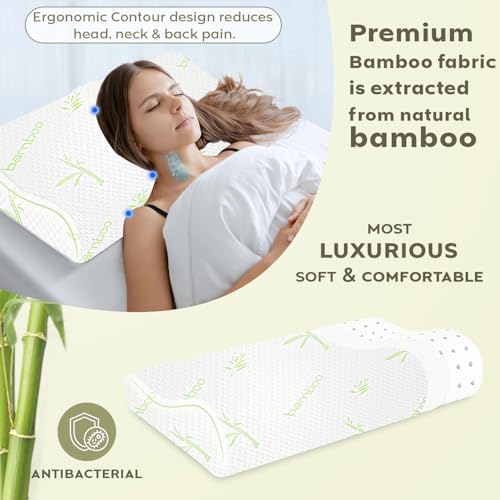 Image of AYKA Bamboo Cervical Memory Foam Pillow for Neck & Shoulder Pain Relief | Orthopedic Contour Pillow for Sleeping & Spinal Alignment | Ergonomic Support | 2-Year Warranty (Set of 2)