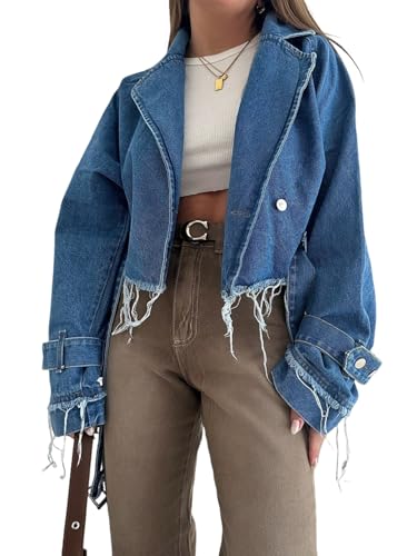 utcoco Women's 2025 Fashion Cropped Jean Jacket Casual Lapel Collar Short Denim Jacket with Belt