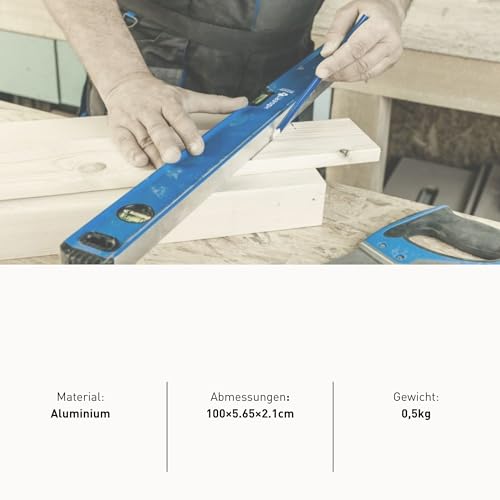 Högert Technik - Wasserwaage 100 cm, Verfügt über 3 Libellen: 0 ° / 45 ° / 90 °, Wasserwaagen aus Aluminium, Stoßdämpfende Endkappen, Größe: 100×5.65×2.1 cm, HT4M010