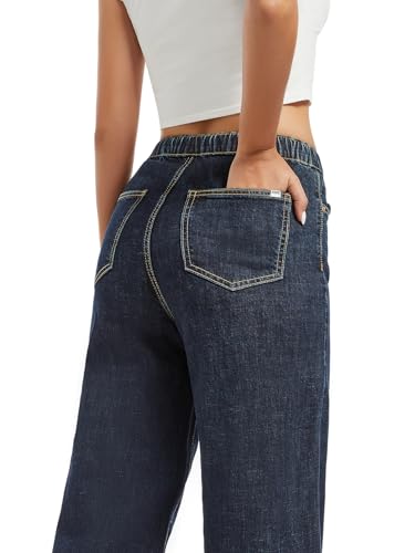 Women's Tummy Control Wide Leg Pants High Waisted Elastic Waist Drawstring Straight Leg Jeans Joggers with Pocket4