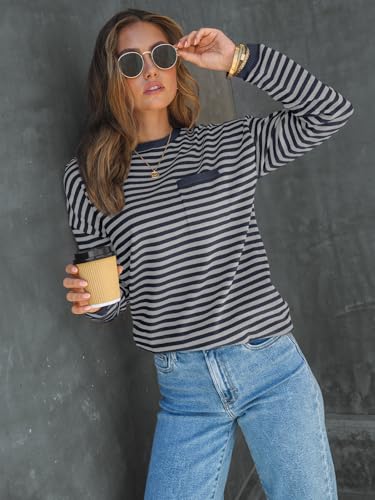 Image of LILLUSORY Womens Striped Soft Knit Pullover Sweater Loose Fit Shirts with Chest Pocket