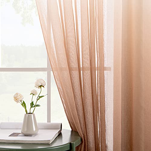 EMEMA Transparent Voile Sheer Curtains with Eyelets Colour Gradient Decorative Curtain Window Curtain for Bedroom and Living Room 145 cm x 140 cm (H x W) Set of 2 White Coffee Colour - Image 2