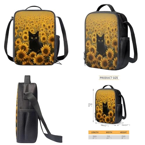Xoenoiee Black Cat Sunflower Pattern 3Pcs Bookbag+Lunch Box+Pencil Bag for Students 17in Large School Bag Backpack Set for Boys Girls Back To School4