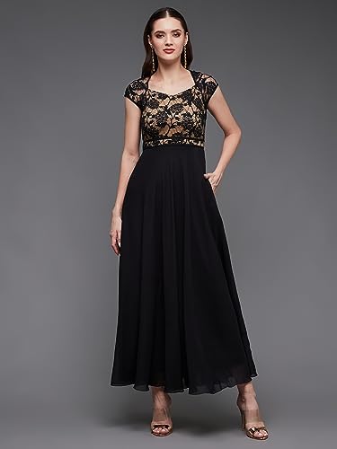 Image of Miss Chase Women's Round Neck Cap Sleeves Lace Knee -Long Skater Dress