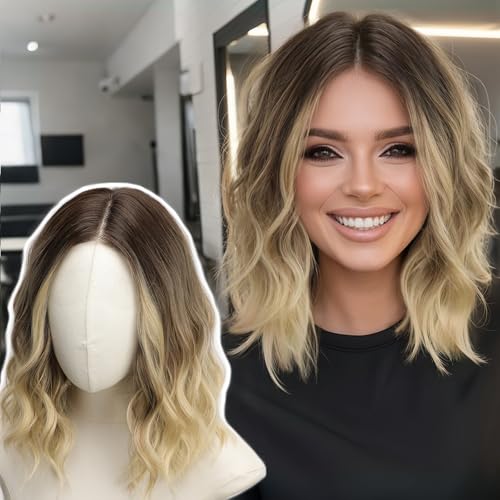 AISI HAIR Brown To Blonde Wavy Wig for Women,14 Inch