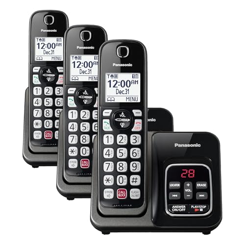 Image of Panasonic Cordless Phone with Answering Machine,Advanced Call Block,Bilingual Caller ID and High-Contrast Display,Expandable System-1 Handset Cordless Telephone-KX-TGD830M (Metallic Black),(Pack of 3)