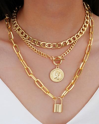 3 Pcs Chunky Gold Layered Necklaces Stackable Multilayer Link Chain Collar Punk Style Paperclip Chain Toggle Clasp Choker Gold Coin Lock Pendant Necklace Trendy Jewelry Gifts4