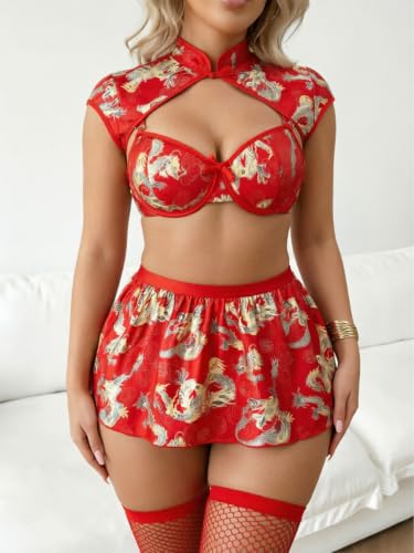 Image of Alrovetoney Sexy Lingerie Fantasy Costume Sexy Series Printed Cut-Out Slit Women's Costume Red S-XXL