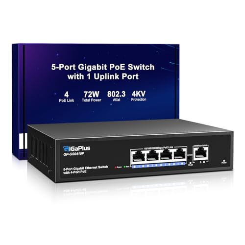 5 Port Gigabit PoE Switch with 4 Port PoE+ 1000Mbps, 1 x 1000Mbps Uplink, GiGaPlus 5 Port...