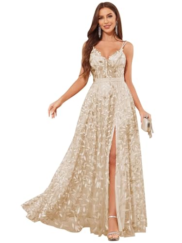 Sequin Prom Dresses 2025 Long Tulle Lace Spaghetti Straps Evening Gown with Slit A Line V Neck Formal Dress