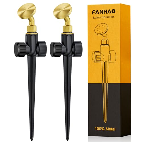 FANHAO 2 Pack Lawn Sprinklers for Yard, Heavy Duty Metal Garden Water Sprinkler on Spike Base, Adjustable Brass Sprinkler Mist Nozzle Large Yard Area Watering for Lawn Grass Patio Garden Irrigation